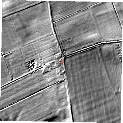 Shaded relief map of the ground around LN12FA, computed from Environment Agency LiDAR. The ground here sits at about 10 m above sea level and falls 8 m across the surrounding 800 m. Surface water reaching this point runs off ground lying to the north, 0.8 m higher.