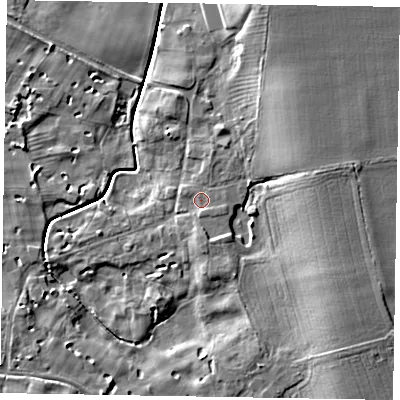 Shaded relief map of the ground around LN12FL, computed from Environment Agency LiDAR. The ground here sits at about 7 m above sea level and falls 12 m across the surrounding 800 m. Surface water reaching this point runs off ground lying to the east-north-east, 8.1 m higher.