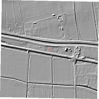 Shaded relief map of the ground around LN12FU, computed from Environment Agency LiDAR. The ground here sits at about 6 m above sea level and falls 7 m across the surrounding 800 m. Surface water reaching this point runs off ground lying to the east, 3.3 m higher.