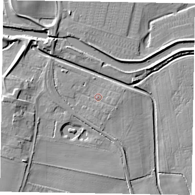 Shaded relief map of the ground around LN12GA, computed from Environment Agency LiDAR. The ground here sits at about 6 m above sea level and falls 8 m across the surrounding 800 m. Surface water reaching this point runs off ground lying to the east, 1.3 m higher.