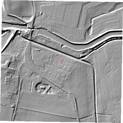 Shaded relief map of the ground around LN12GD, computed from Environment Agency LiDAR. The ground here sits at about 5 m above sea level and falls 8 m across the surrounding 800 m. Surface water reaching this point runs off ground lying to the south-east, 1.4 m higher.