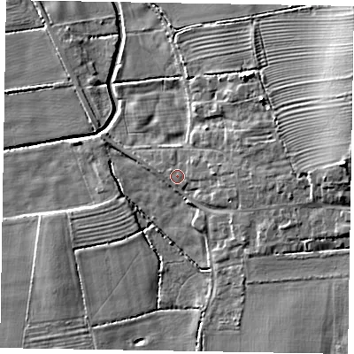 Shaded relief map of the ground around LN12GE, computed from Environment Agency LiDAR. The ground here sits at about 5 m above sea level and falls 10 m across the surrounding 800 m. The ground contributing surface water to this point lies to the west-north-west.