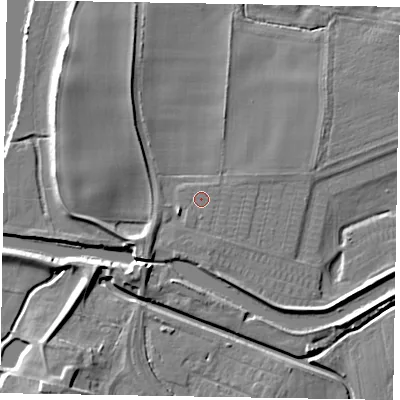Shaded relief map of the ground around LN12GF, computed from Environment Agency LiDAR. The ground here sits at about 5 m above sea level and falls 9 m across the surrounding 800 m. Surface water reaching this point runs off ground lying to the south, 0.6 m higher.