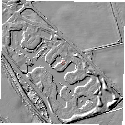 Shaded relief map of the ground around LN12GG, computed from Environment Agency LiDAR. The ground here sits at about 6 m above sea level and falls 8 m across the surrounding 800 m. Surface water reaching this point runs off ground lying to the east, 4.3 m higher.