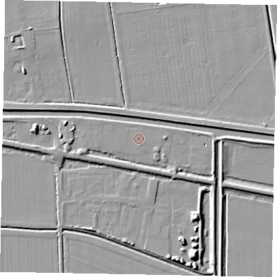 Shaded relief map of the ground around LN12GH, computed from Environment Agency LiDAR. The ground here sits at about 6 m above sea level and falls 9 m across the surrounding 800 m. Surface water reaching this point runs off ground lying to the east-south-east, 3.5 m higher.