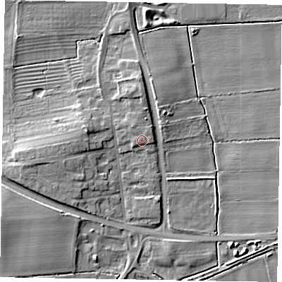 Shaded relief map of the ground around LN12GJ, computed from Environment Agency LiDAR. The ground here sits at about 8 m above sea level and falls 8 m across the surrounding 800 m. Surface water reaching this point runs off ground lying to the north-north-west, 0.8 m higher.