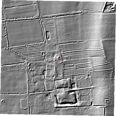 Shaded relief map of the ground around LN12GZ, computed from Environment Agency LiDAR. The ground here sits at about 7 m above sea level and falls 10 m across the surrounding 800 m. Surface water reaching this point runs off ground lying to the south-west, 0.9 m higher.