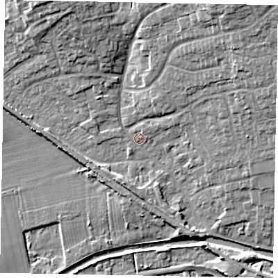Shaded relief map of the ground around LN12HA, computed from Environment Agency LiDAR. The ground here sits at about 6 m above sea level and falls 12 m across the surrounding 800 m. Surface water reaching this point runs off ground lying to the north-east, 10.5 m higher.