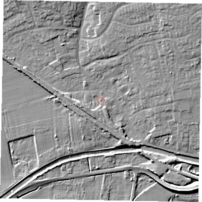 Shaded relief map of the ground around LN12HB, computed from Environment Agency LiDAR. The ground here sits at about 6 m above sea level and falls 11 m across the surrounding 800 m. Surface water reaching this point runs off ground lying to the south-south-west, 2.9 m higher.