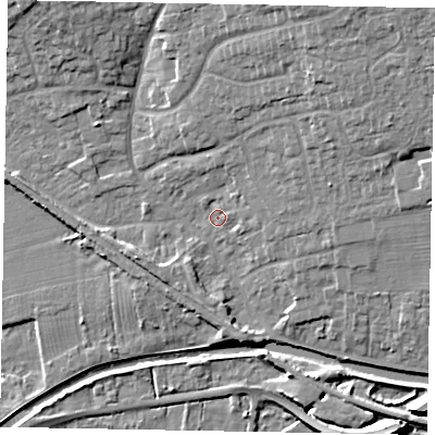 Shaded relief map of the ground around LN12HD, computed from Environment Agency LiDAR. The ground here sits at about 7 m above sea level and falls 11 m across the surrounding 800 m. Surface water reaching this point runs off ground lying to the north-east, 5.8 m higher.