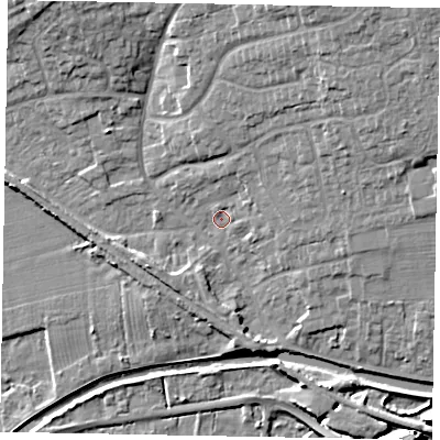 Shaded relief map of the ground around LN12HE, computed from Environment Agency LiDAR. The ground here sits at about 6 m above sea level and falls 12 m across the surrounding 800 m. Surface water reaching this point runs off ground lying to the north-north-east, 9.8 m higher.