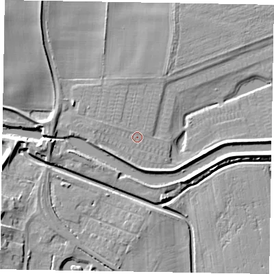 Shaded relief map of the ground around LN12HF, computed from Environment Agency LiDAR. The ground here sits at about 5 m above sea level and falls 7 m across the surrounding 800 m. Surface water reaching this point runs off ground lying to the west-north-west, 0.8 m higher.