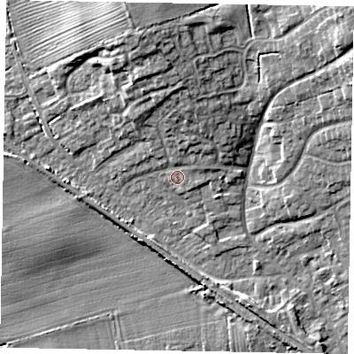Shaded relief map of the ground around LN12HY, computed from Environment Agency LiDAR. The ground here sits at about 8 m above sea level and falls 12 m across the surrounding 800 m. Surface water reaching this point runs off ground lying to the north, 5.8 m higher.