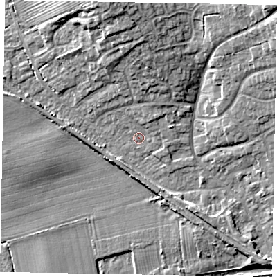 Shaded relief map of the ground around LN12HZ, computed from Environment Agency LiDAR. The ground here sits at about 6 m above sea level and falls 12 m across the surrounding 800 m. Surface water reaching this point runs off ground lying to the north, 7.4 m higher.