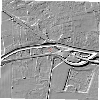 Shaded relief map of the ground around LN12JH, computed from Environment Agency LiDAR. The ground here sits at about 6 m above sea level and falls 10 m across the surrounding 800 m. Surface water reaching this point runs off ground lying to the east-south-east, 4.8 m higher.