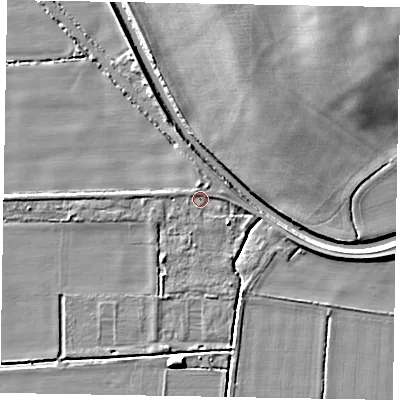 Shaded relief map of the ground around LN12JJ, computed from Environment Agency LiDAR. The ground here sits at about 6 m above sea level and falls 8 m across the surrounding 800 m. Surface water reaching this point runs off ground lying to the east-north-east, 1.7 m higher.