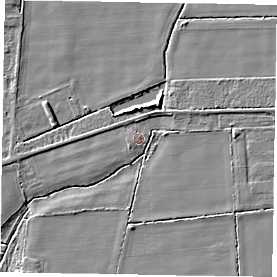 Shaded relief map of the ground around LN12JN, computed from Environment Agency LiDAR. The ground here sits at about 6 m above sea level and falls 6 m across the surrounding 800 m. Surface water reaching this point runs off ground lying to the south-west, 0.7 m higher.