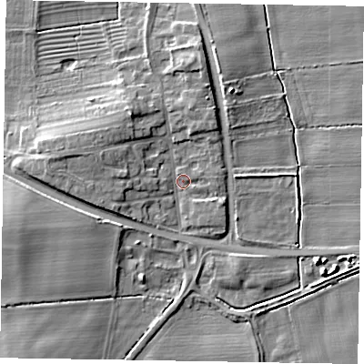 Shaded relief map of the ground around LN12JP, computed from Environment Agency LiDAR. The ground here sits at about 6 m above sea level and falls 9 m across the surrounding 800 m. Surface water reaching this point runs off ground lying to the north-west, 4.7 m higher.