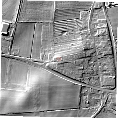 Shaded relief map of the ground around LN12JR, computed from Environment Agency LiDAR. The ground here sits at about 10 m above sea level and falls 14 m across the surrounding 800 m. Surface water reaching this point runs off ground lying to the east-south-east, 1.3 m higher.