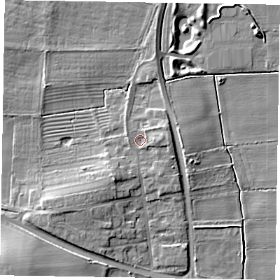 Shaded relief map of the ground around LN12JS, computed from Environment Agency LiDAR. The ground here sits at about 7 m above sea level and falls 9 m across the surrounding 800 m. Surface water reaching this point runs off ground lying to the east, 2.5 m higher.