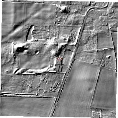 Shaded relief map of the ground around LN12JT, computed from Environment Agency LiDAR. The ground here sits at about 8 m above sea level and falls 10 m across the surrounding 800 m. Surface water reaching this point runs off ground lying to the south-south-west, 3.2 m higher.