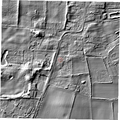Shaded relief map of the ground around LN12JU, computed from Environment Agency LiDAR. The ground here sits at about 7 m above sea level and falls 8 m across the surrounding 800 m. Surface water reaching this point runs off ground lying to the east-north-east, 1.3 m higher.