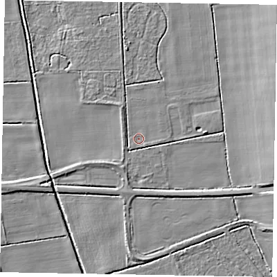 Shaded relief map of the ground around LN12JW, computed from Environment Agency LiDAR. The ground here sits at about 6 m above sea level and falls 8 m across the surrounding 800 m. Surface water reaching this point runs off ground lying to the south-east, 0.6 m higher.