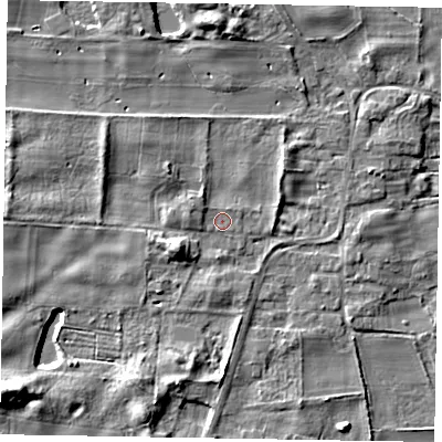 Shaded relief map of the ground around LN12JX, computed from Environment Agency LiDAR. The ground here sits at about 7 m above sea level and falls 10 m across the surrounding 800 m. Surface water reaching this point runs off ground lying to the west-north-west, 1.3 m higher.