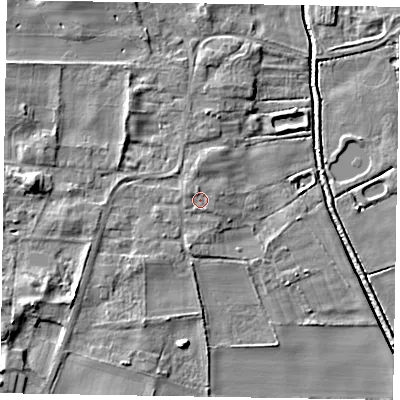 Shaded relief map of the ground around LN12JY, computed from Environment Agency LiDAR. The ground here sits at about 7 m above sea level and falls 8 m across the surrounding 800 m. Surface water reaching this point runs off ground lying to the north, 0.9 m higher.