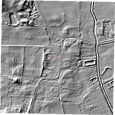 Shaded relief map of the ground around LN12JZ, computed from Environment Agency LiDAR. The ground here sits at about 7 m above sea level and falls 11 m across the surrounding 800 m. Surface water reaching this point runs off ground lying to the west, 2.7 m higher.