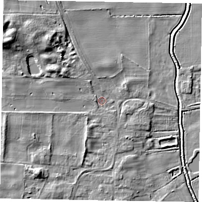 Shaded relief map of the ground around LN12LA, computed from Environment Agency LiDAR. The ground here sits at about 6 m above sea level and falls 13 m across the surrounding 800 m. Surface water reaching this point runs off ground lying to the north-west, 8.6 m higher.