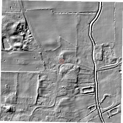 Shaded relief map of the ground around LN12LB, computed from Environment Agency LiDAR. The ground here sits at about 6 m above sea level and falls 11 m across the surrounding 800 m. Surface water reaching this point runs off ground lying to the west-north-west, 8.0 m higher.