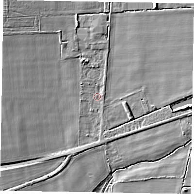 Shaded relief map of the ground around LN12LD, computed from Environment Agency LiDAR. The ground here sits at about 6 m above sea level and falls 8 m across the surrounding 800 m. Surface water reaching this point runs off ground lying to the west, 5.4 m higher.