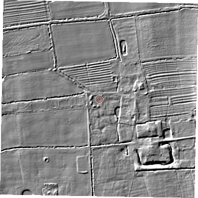 Shaded relief map of the ground around LN12LE, computed from Environment Agency LiDAR. The ground here sits at about 5 m above sea level and falls 6 m across the surrounding 800 m. Surface water reaching this point runs off ground lying to the east-south-east, 4.1 m higher.
