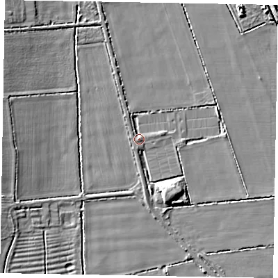Shaded relief map of the ground around LN12LF, computed from Environment Agency LiDAR. The ground here sits at about 6 m above sea level and falls 5 m across the surrounding 800 m. Surface water reaching this point runs off ground lying to the south-south-east, 4.4 m higher.