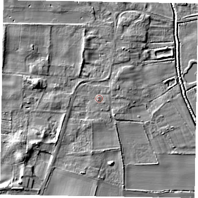 Shaded relief map of the ground around LN12LG, computed from Environment Agency LiDAR. The ground here sits at about 7 m above sea level and falls 8 m across the surrounding 800 m. Surface water reaching this point runs off ground lying to the west-north-west, 5.0 m higher.