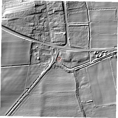 Shaded relief map of the ground around LN12LJ, computed from Environment Agency LiDAR. The ground here sits at about 5 m above sea level and falls 9 m across the surrounding 800 m. Surface water reaching this point runs off ground lying to the south-west, 8.5 m higher.