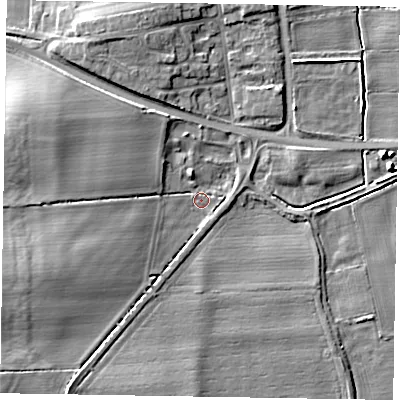 Shaded relief map of the ground around LN12LL, computed from Environment Agency LiDAR. The ground here sits at about 6 m above sea level and falls 12 m across the surrounding 800 m. Surface water reaching this point runs off ground lying to the south-west, 10.8 m higher.
