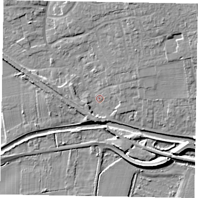 Shaded relief map of the ground around LN12LN, computed from Environment Agency LiDAR. The ground here sits at about 6 m above sea level and falls 10 m across the surrounding 800 m. Surface water reaching this point runs off ground lying to the north-north-east, 8.4 m higher.