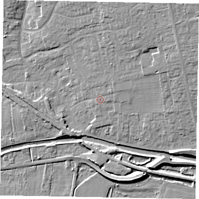 Shaded relief map of the ground around LN12LP, computed from Environment Agency LiDAR. The ground here sits at about 8 m above sea level and falls 11 m across the surrounding 800 m. Surface water reaching this point runs off ground lying to the north-north-east, 1.8 m higher.