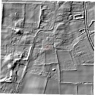 Shaded relief map of the ground around LN12LQ, computed from Environment Agency LiDAR. The ground here sits at about 7 m above sea level and falls 8 m across the surrounding 800 m. Surface water reaching this point runs off ground lying to the south-east, 0.6 m higher.