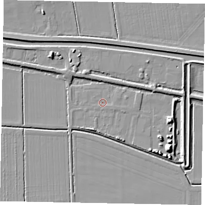 Shaded relief map of the ground around LN12LR, computed from Environment Agency LiDAR. The ground here sits at about 5 m above sea level and falls 8 m across the surrounding 800 m. Surface water reaching this point runs off ground lying to the east-south-east, 0.6 m higher.