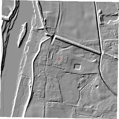 Shaded relief map of the ground around LN12LS, computed from Environment Agency LiDAR. The ground here sits at about 6 m above sea level and falls 8 m across the surrounding 800 m. Surface water reaching this point runs off ground lying to the west-north-west, 1.3 m higher.