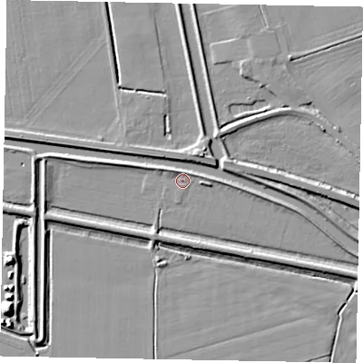 Shaded relief map of the ground around LN12LT, computed from Environment Agency LiDAR. The ground here sits at about 5 m above sea level and falls 9 m across the surrounding 800 m. Surface water reaching this point runs off ground lying to the north-north-west, 1.7 m higher.