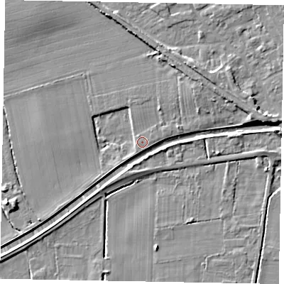 Shaded relief map of the ground around LN12LU, computed from Environment Agency LiDAR. The ground here sits at about 6 m above sea level and falls 6 m across the surrounding 800 m. Surface water reaching this point runs off ground lying to the north-east, 3.2 m higher.