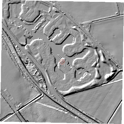 Shaded relief map of the ground around LN12LW, computed from Environment Agency LiDAR. The ground here sits at about 6 m above sea level and falls 8 m across the surrounding 800 m. Surface water reaching this point runs off ground lying to the north-east, 4.3 m higher.