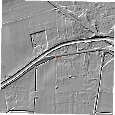 Shaded relief map of the ground around LN12LX, computed from Environment Agency LiDAR. The ground here sits at about 5 m above sea level and falls 6 m across the surrounding 800 m. Surface water reaching this point runs off ground lying to the west-south-west, 3.2 m higher.