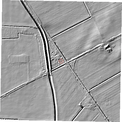 Shaded relief map of the ground around LN12LY, computed from Environment Agency LiDAR. The ground here sits at about 5 m above sea level and falls 5 m across the surrounding 800 m. Surface water reaching this point runs off ground lying to the north-north-west, 3.2 m higher.