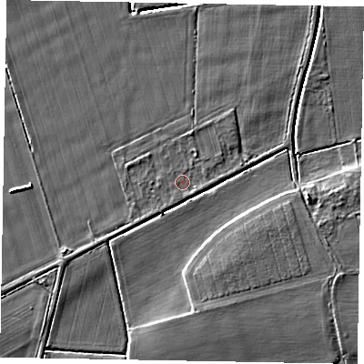 Shaded relief map of the ground around LN12LZ, computed from Environment Agency LiDAR. The ground here sits at about 5 m above sea level and falls 4 m across the surrounding 800 m. Surface water reaching this point runs off ground lying to the south-east, 0.6 m higher.