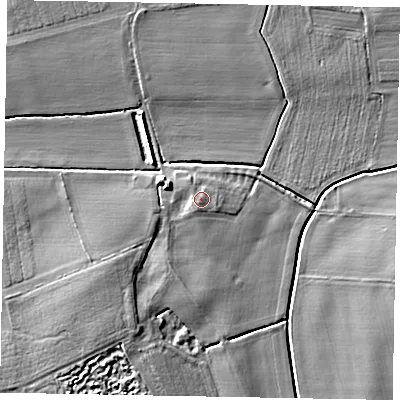 Shaded relief map of the ground around LN12NA, computed from Environment Agency LiDAR. The ground here sits at about 8 m above sea level and falls 6 m across the surrounding 800 m. Surface water reaching this point runs off ground lying to the south-west, 1.5 m higher.